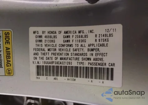 2012 Acura Tl 3.5 z USA, uszkodzony, nr VIN 19UUA8F58CA021260